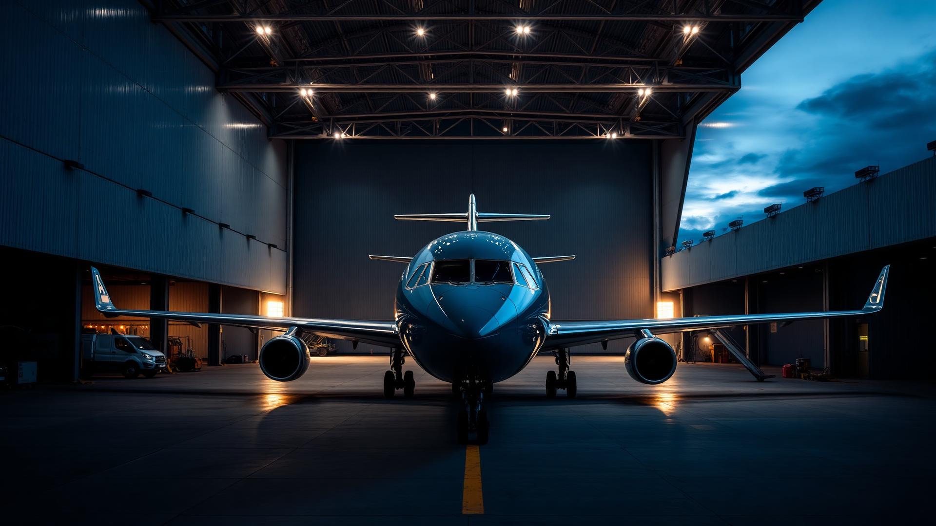 Modern aircraft in an aviation hangar at dusk